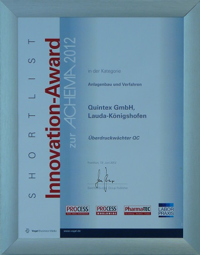Quintex Innovation Award Achema 2012 for pressure control system Quintex Innovation Award Achema 2012 for pressure control system