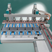 The vacuum conveyor can carry parts from many to one track and from one to many.