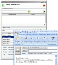 When the user selects the fax number of a contact, an e-mail window with fax addressing opens