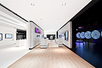 Three-part NEC appearance: white for professional, wood for communication, and black for projection.