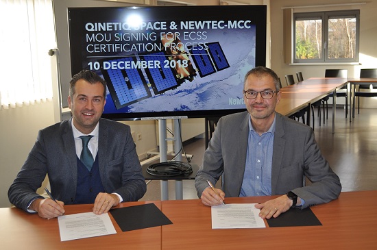 Thomas Van den Driessche, CEO, Newtec and Erik Masure, Managing Director, QinetiQ Space Belgium sign