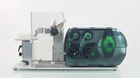 Label print and apply system in side view Label print and apply system in side view
