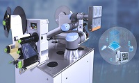Labels applied by a tamp-on pad on a robot 