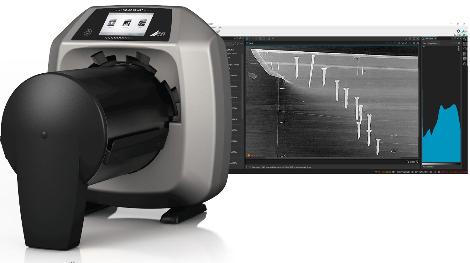 DÜRR NDT HD-CR 35 with D-Tect X Software, showing a radiograph of the stern of a builder’s half mode