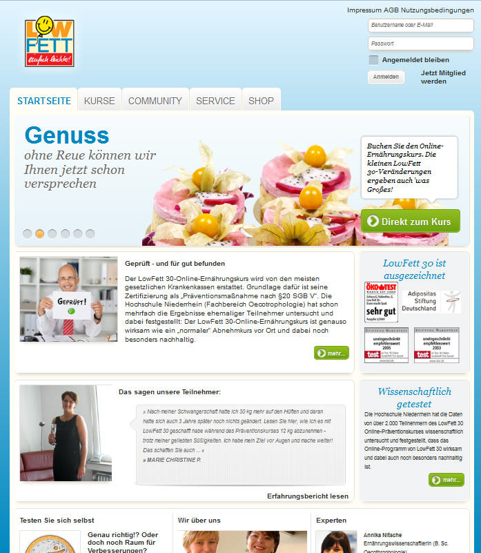 www.lowfett.de bietet den Online-Ernährungskurs der von gesetzlichen Krankenkassen bezuschusst wird. www.lowfett.de bietet den Online-Ernährungskurs der von gesetzlichen Krankenkassen bezuschusst wird.