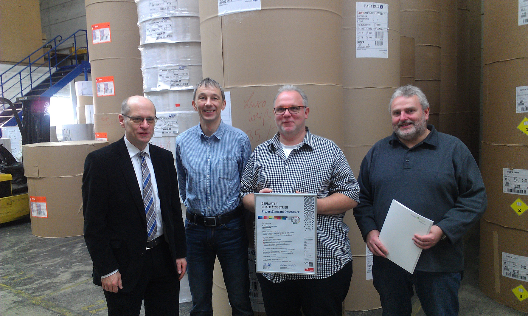 Vlnr: Stefan Brunken (Verband Druck + Medien Nord-West), Michael Dost, Michael Kaludzinski und Rain Vlnr: Stefan Brunken (Verband Druck + Medien Nord-West), Michael Dost, Michael Kaludzinski und Rain
