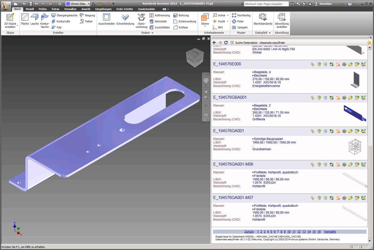 Eine Suchabfrage im classmate easyFINDER, vollständig integriert in die 3D-CAD-Software Autodesk Inv Eine Suchabfrage im classmate easyFINDER, vollständig integriert in die 3D-CAD-Software Autodesk Inv