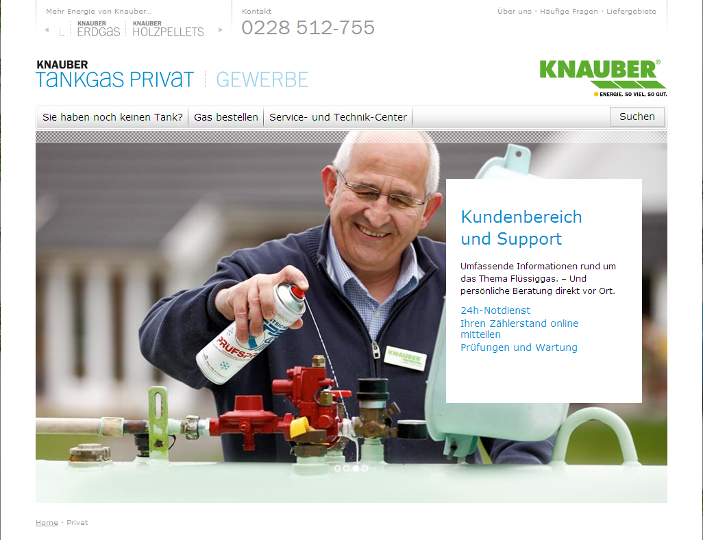 Die neue Knauber-Website für Tankgas istübersichtlich und Informationen sind leicht auffindbar.