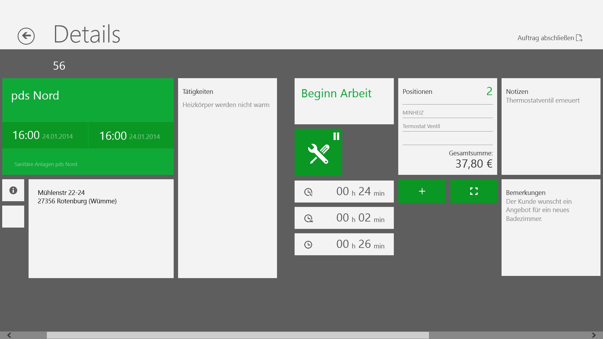 Screenshot pds service:Übersicht Serviceauftrag in Windows 8