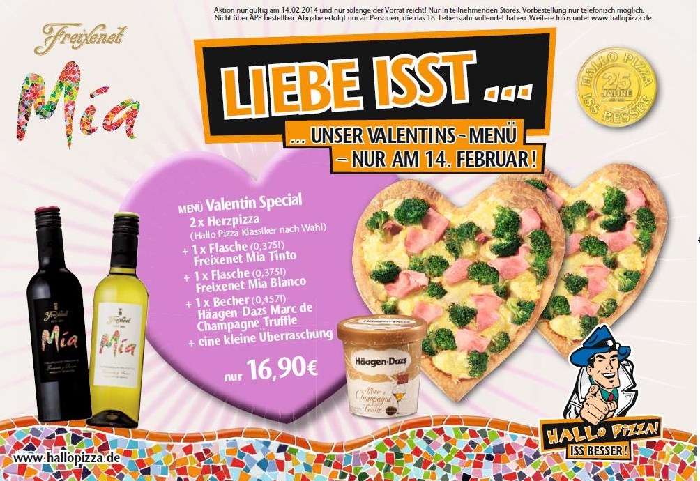 Besonderes Hallo Pizza-Angebot nicht nur für Verliebte: Pizza in Herzform mit Wein, Eis undÜberrasch