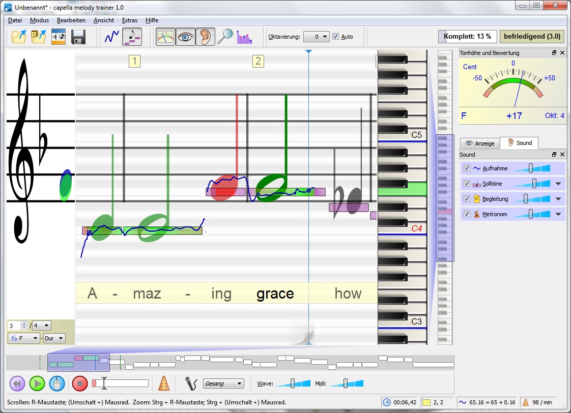 capella melody trainer analysiert den gesungenen/gespielten Ton