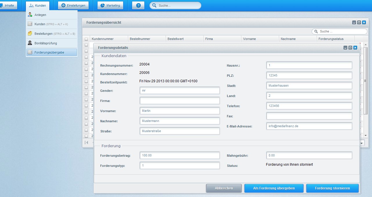 Shopware.Backend: Forderung an mediafinanzübergeben