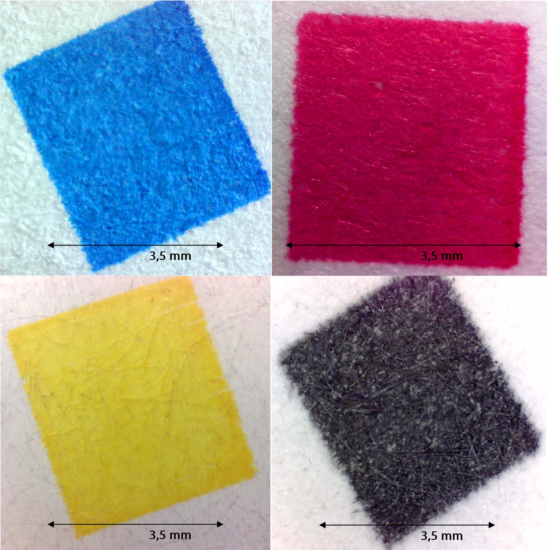 PolymerInk von prometho: Druckbild der CMYK Farben auf unterschiedlichen Papiersorten PolymerInk von prometho: Druckbild der CMYK Farben auf unterschiedlichen Papiersorten