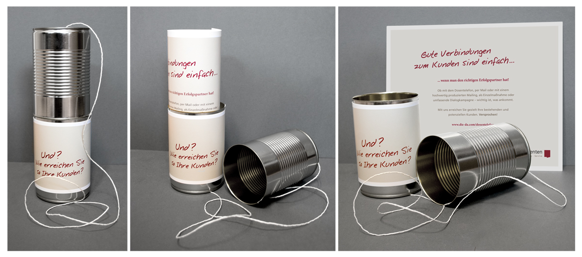 Einladung zum Dialog mit dem Kunden: Jubilar die dialogagenten (25 Jahre) verschickt Dosentelefon-Ma