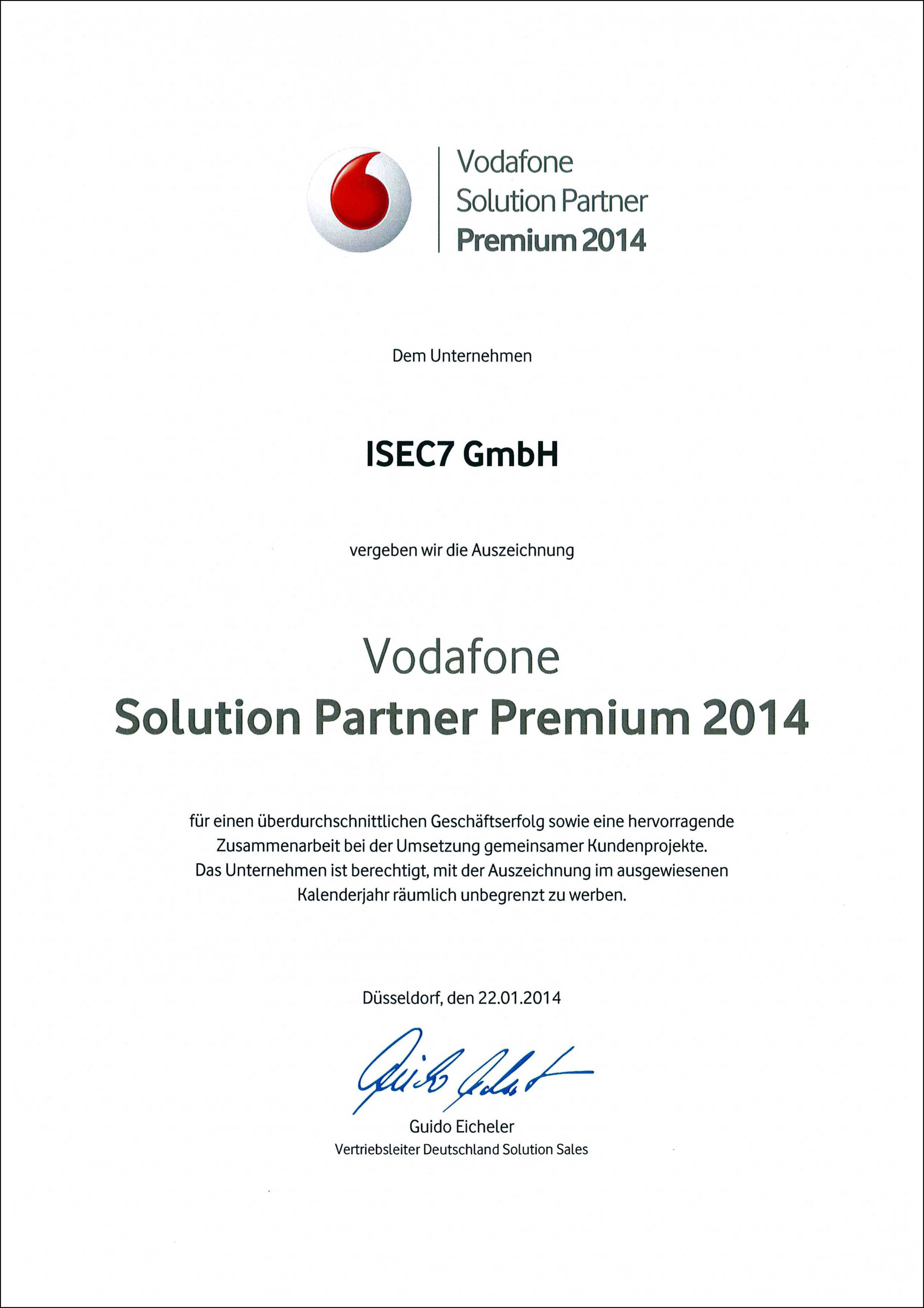 Die ISEC7 Group hat zum vierten Mal die Auszeichnung?Vodafone Solution Partner Premium?erhalten.