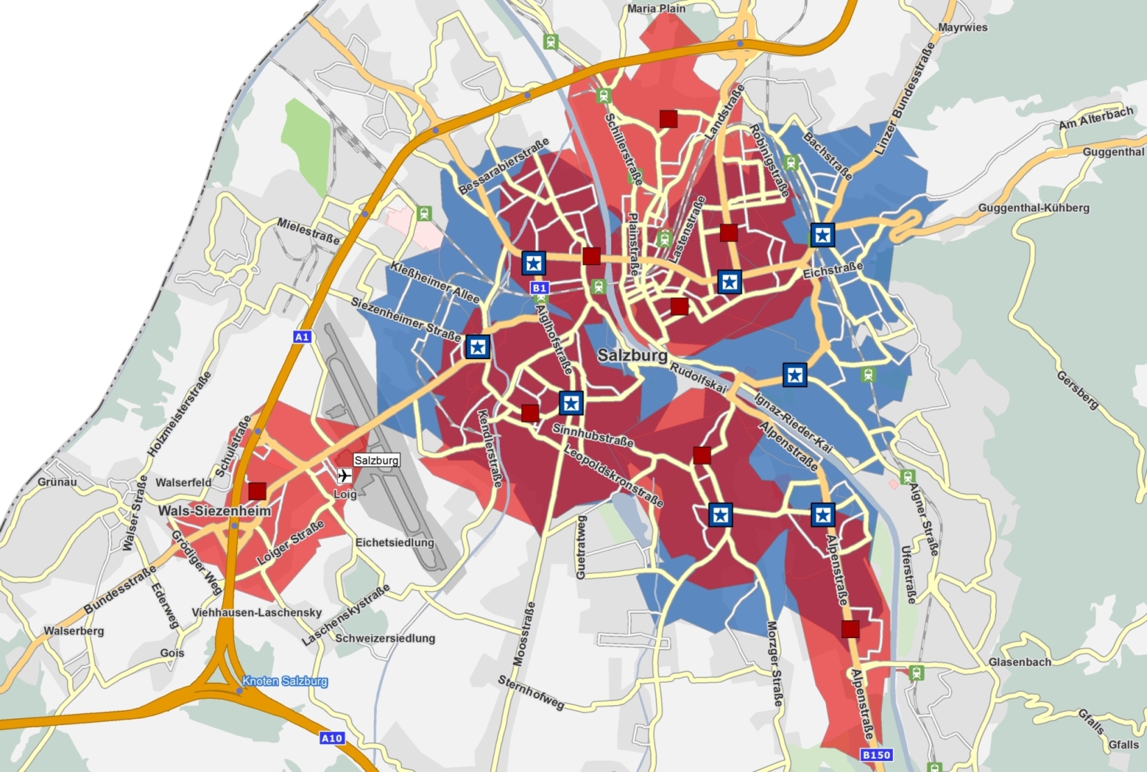 Die Karte zeigt das aktuelle EZG im Vergleich zum EZG nach einer Simulationsanalyse zur Filialnetzre