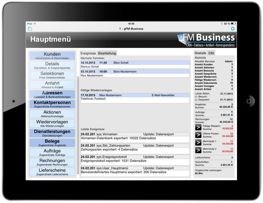 gFM-Business auf dem Apple iPad.