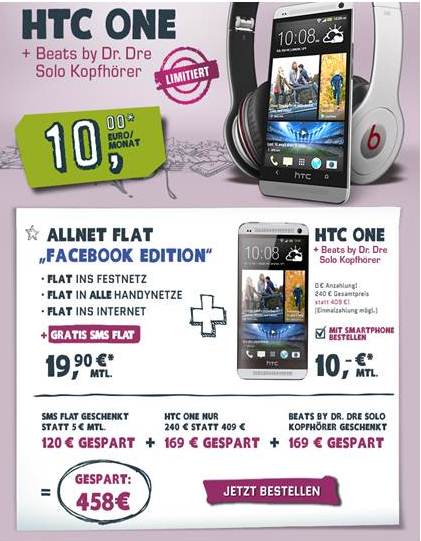 yourfone.de ?Facebook Edition? inklusive HTC One plus Beats by Dr. Dre Solo Kopfhörer für fansatione