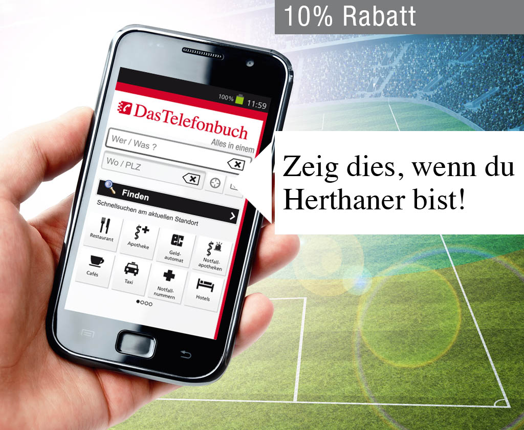 Mit der Telefonbuch-App Rabatt auf Hertha Fan-Artikel sichern! Mit der Telefonbuch-App Rabatt auf Hertha Fan-Artikel sichern!
