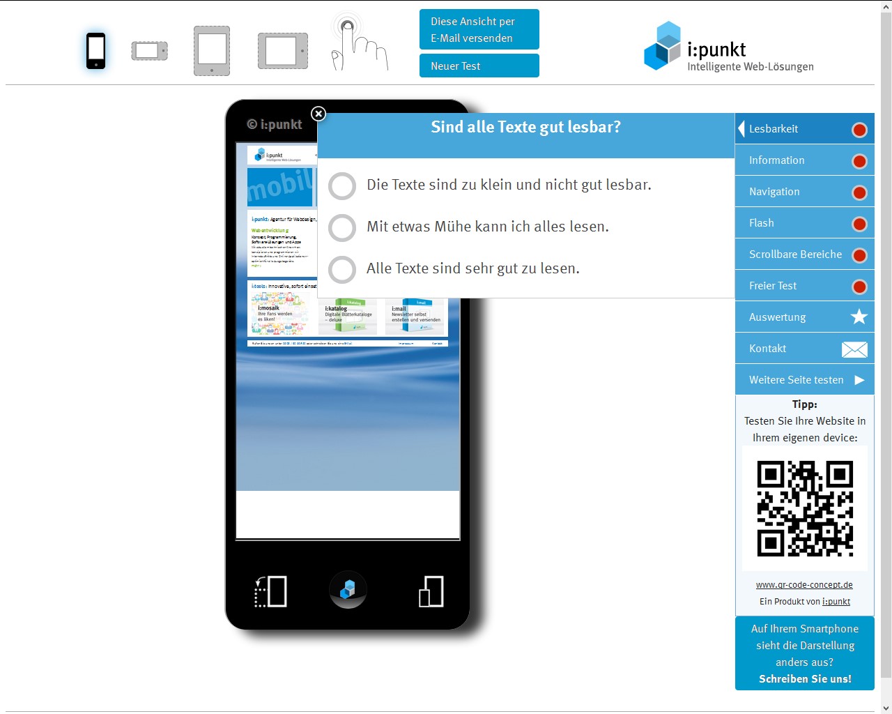 Der Mobile-Check simuliert auf dem PC, wie eine Website auf mobilen Geräten aussieht und funktionier Der Mobile-Check simuliert auf dem PC, wie eine Website auf mobilen Geräten aussieht und funktionier