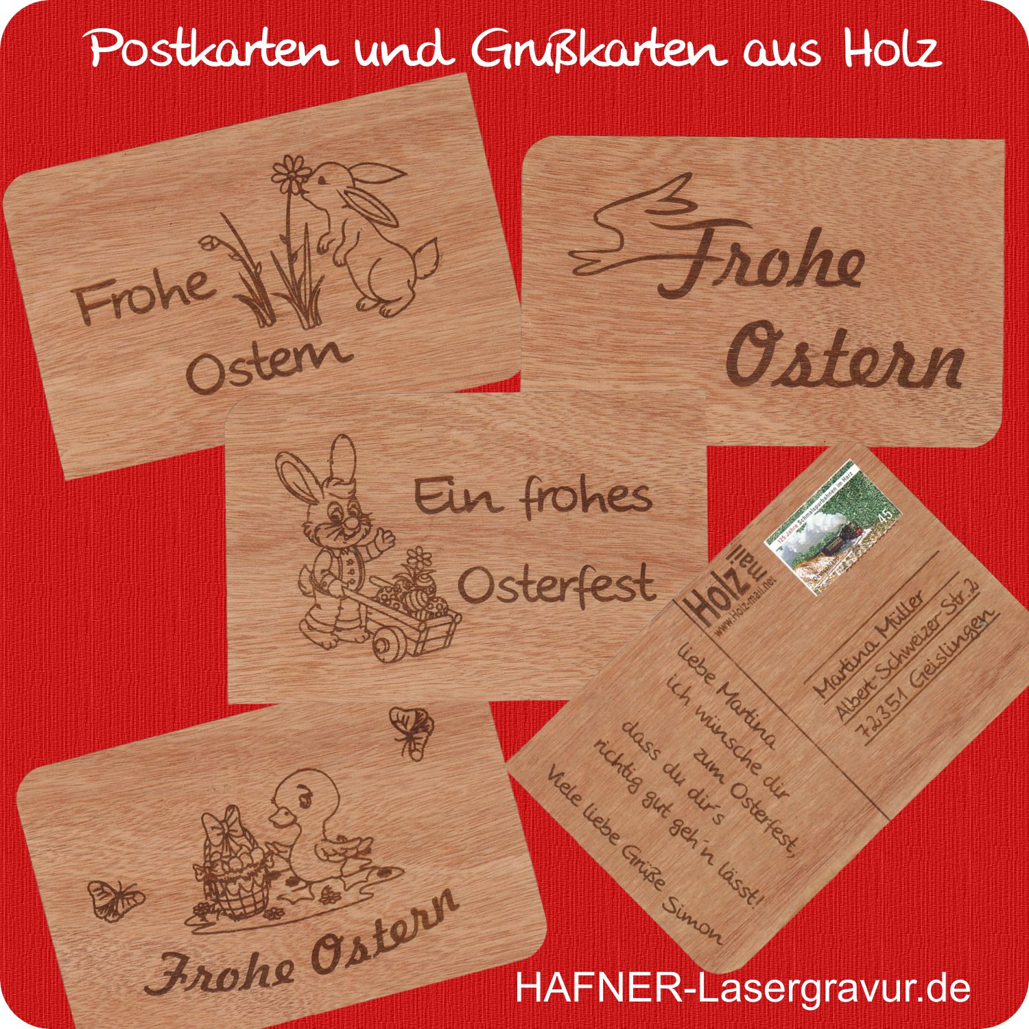 Ostergrüße auf Grußkarten aus echtem Holz Ostergrüße auf Grußkarten aus echtem Holz