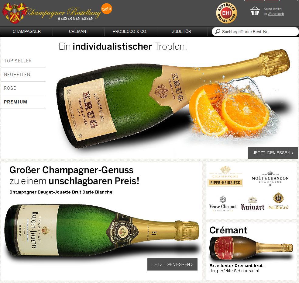 Startseite von Champagner-Bestellung.de