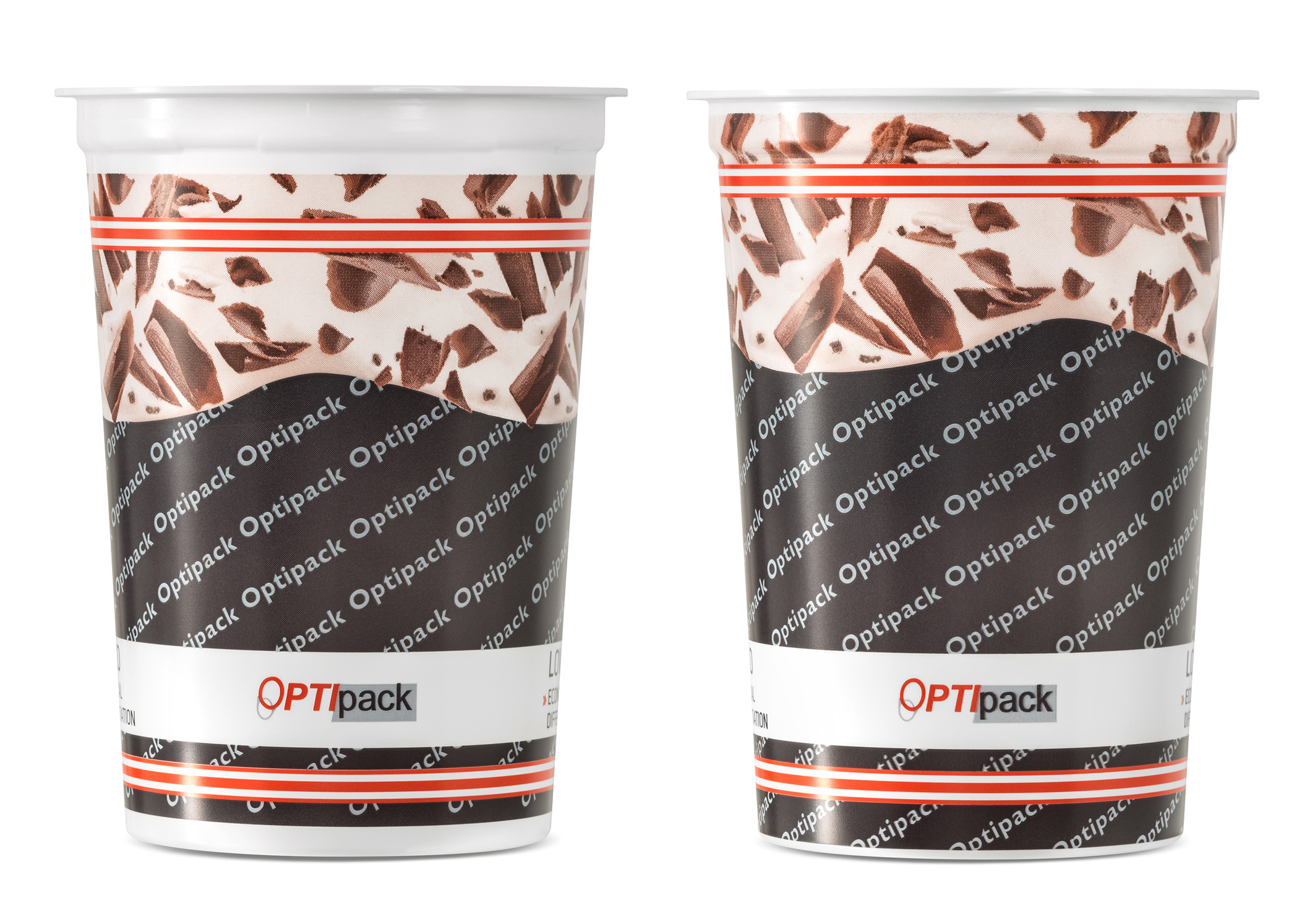 Links ein Standard-Becher - rechts mit Rim-High-Print-Veredelung. Foto: Optipack Links ein Standard-Becher - rechts mit Rim-High-Print-Veredelung. Foto: Optipack