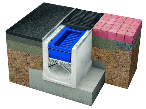 Modularer Aufbau des Rinnensystems BIRCOpur: Sedimentationsbox, Granulatfilterkissen und Leitblech. Modularer Aufbau des Rinnensystems BIRCOpur: Sedimentationsbox, Granulatfilterkissen und Leitblech.