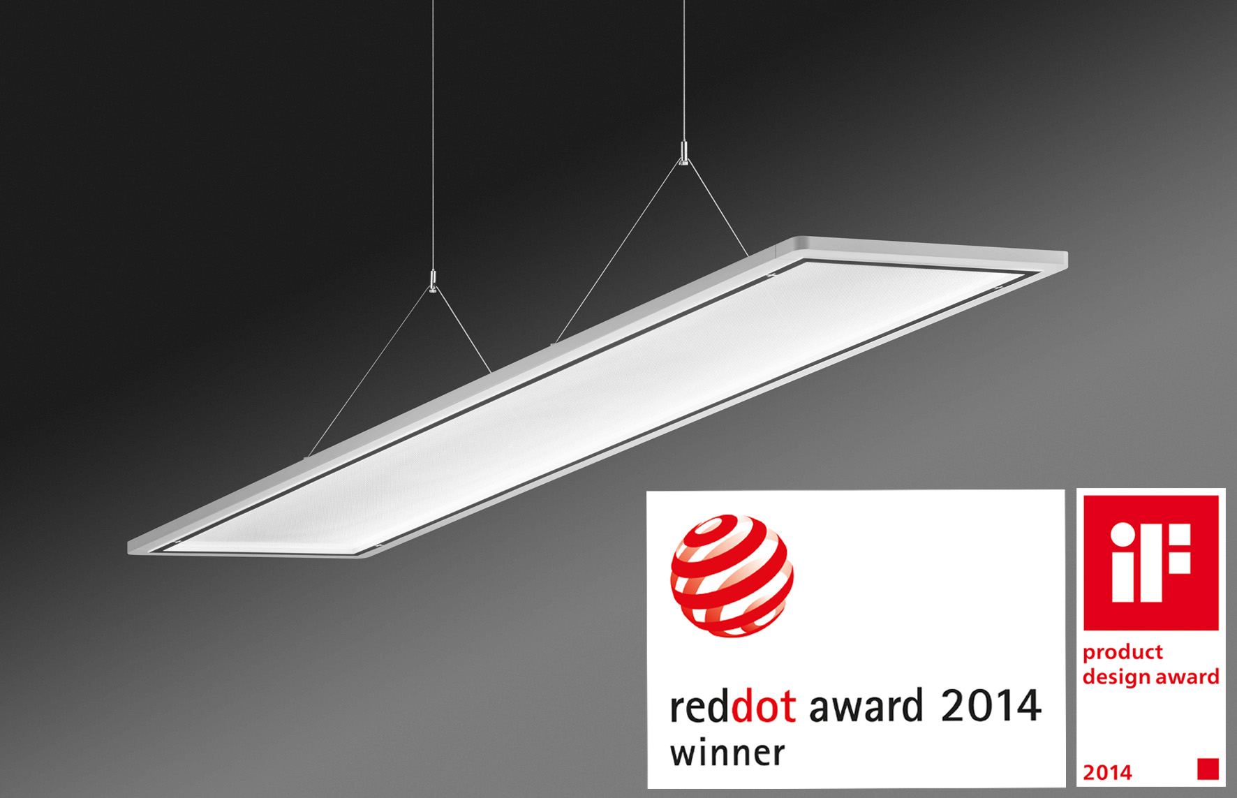 Die ultraflache Hängeleuchte wurde mit dem Red Dot Award für Produktdesign 2014 ausgezeichnet. Die ultraflache Hängeleuchte wurde mit dem Red Dot Award für Produktdesign 2014 ausgezeichnet.