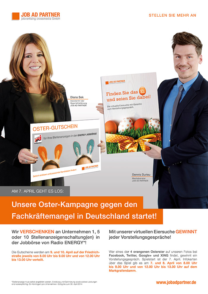 Mit der JOB AD PARTNER Oster-Kampagne gegen den Fachkräftemangel Mit der JOB AD PARTNER Oster-Kampagne gegen den Fachkräftemangel