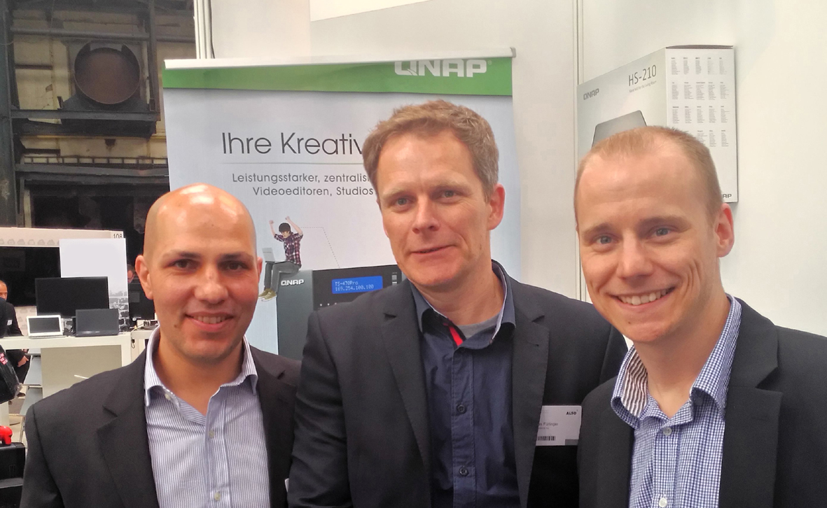 Das QNAP-Vertriebsteam mit Zisis Kasparidis, Mathias Fürlinger und Michèl Hamacher (v. links n. rech Das QNAP-Vertriebsteam mit Zisis Kasparidis, Mathias Fürlinger und Michèl Hamacher (v. links n. rech