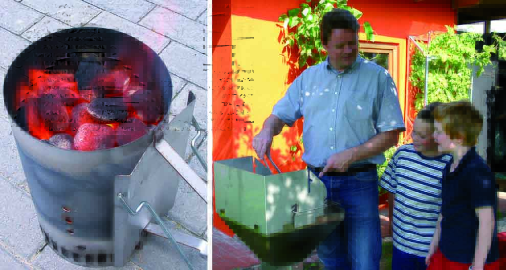 Durch den Kamineffekt des Anzündkamins wird das Durchglühen der Grillbriketts erheblich beschleunigt Durch den Kamineffekt des Anzündkamins wird das Durchglühen der Grillbriketts erheblich beschleunigt