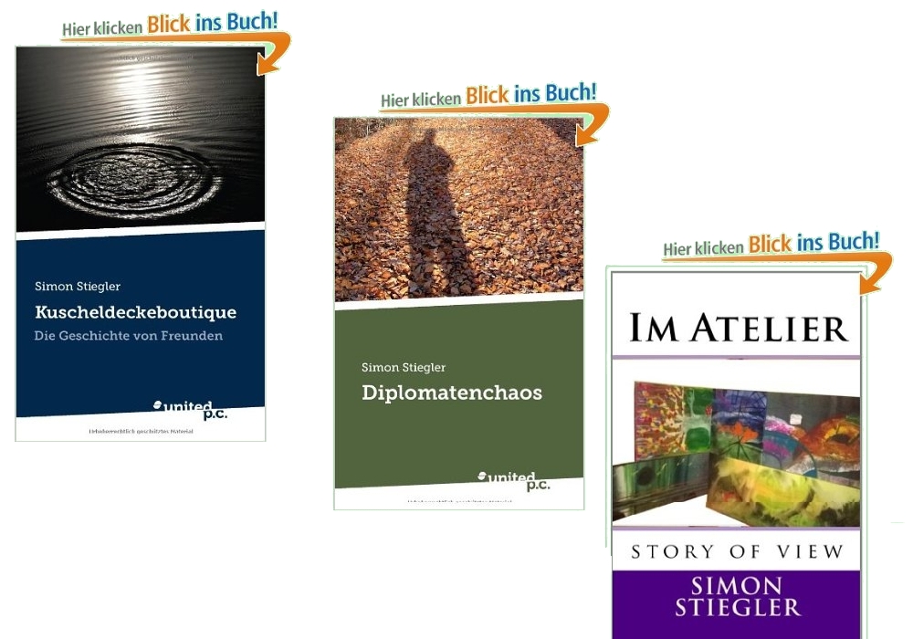 die drei veröffentlichten Bücher Kuscheldeckeboutique, Diplomatenchaos & im Atelier zeigen sich eine die drei veröffentlichten Bücher Kuscheldeckeboutique, Diplomatenchaos & im Atelier zeigen sich eine