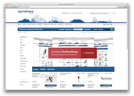 Der neue Online-Shop von Synthax bietet hochwertige Audio-Technik mit Lieferung am Folgetag. Der neue Online-Shop von Synthax bietet hochwertige Audio-Technik mit Lieferung am Folgetag.