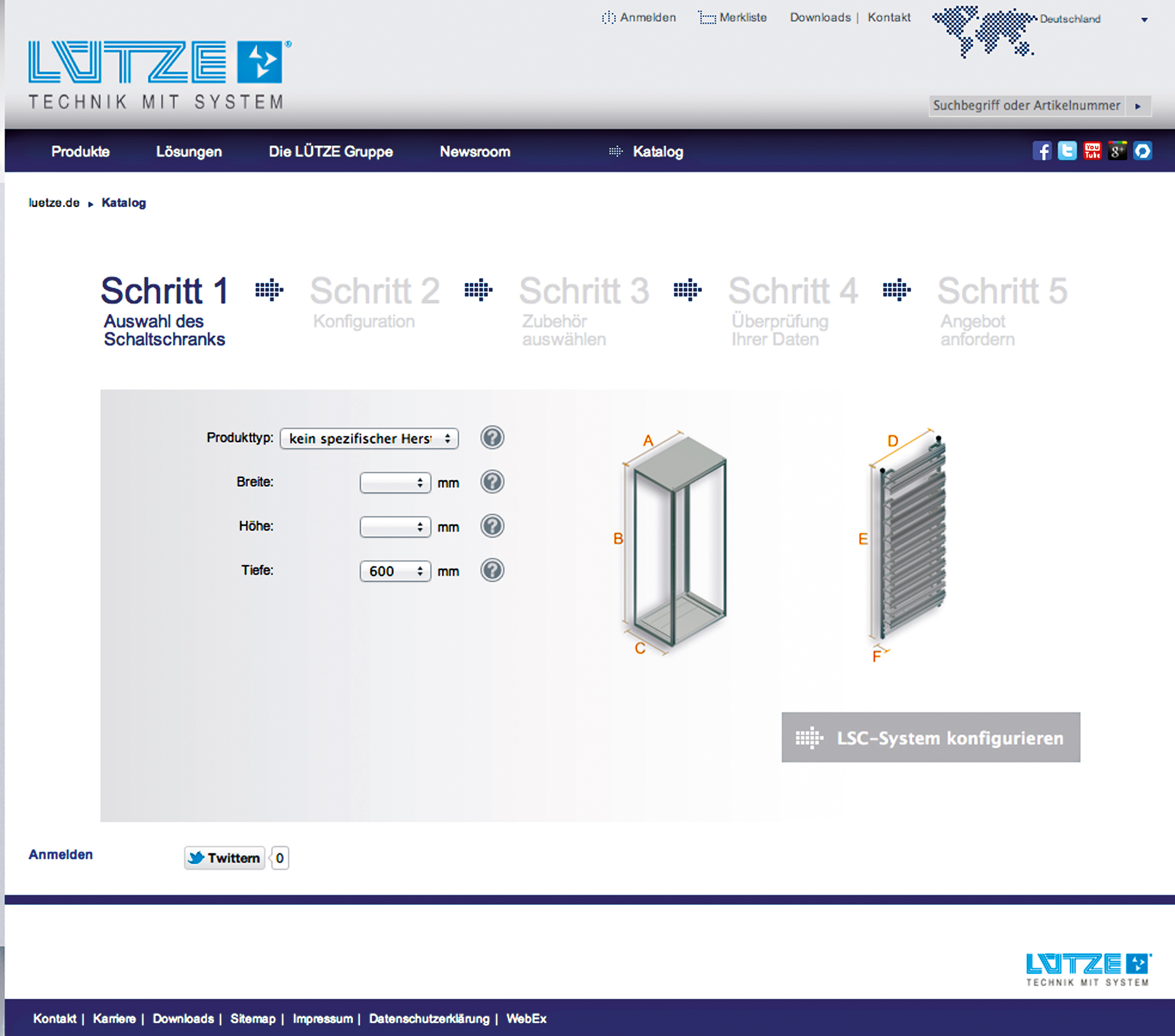 Der LÜTZE LSC AirSTREAM Online-Konfigurator. Schritt Eins: Definition von Schaltschranktyp und -größ