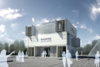 Die sechs zur mobile working station um- und ausgebauten High-Cube-Seecontainer  