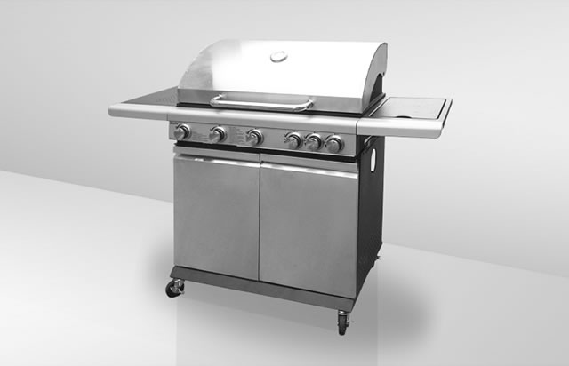 Exklusiver Gasgrill mit 5 Brennern und Seitenbrenner. Grillwagen aus Edelstahl mit großer Grillfläch