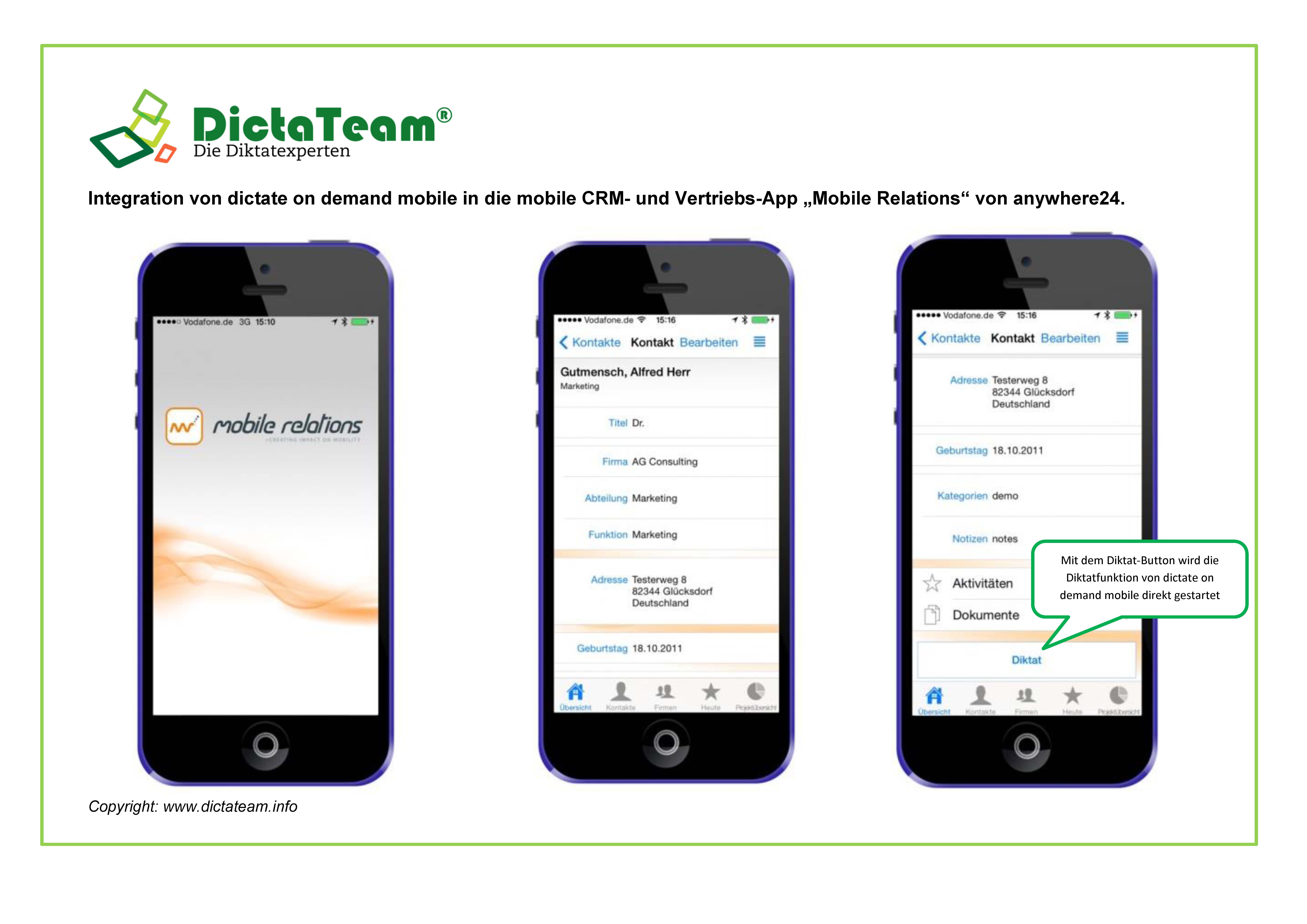 Integration von dictate on demand mobile in die mobile CRM- und Vertriebs-App Mobile Relations von a