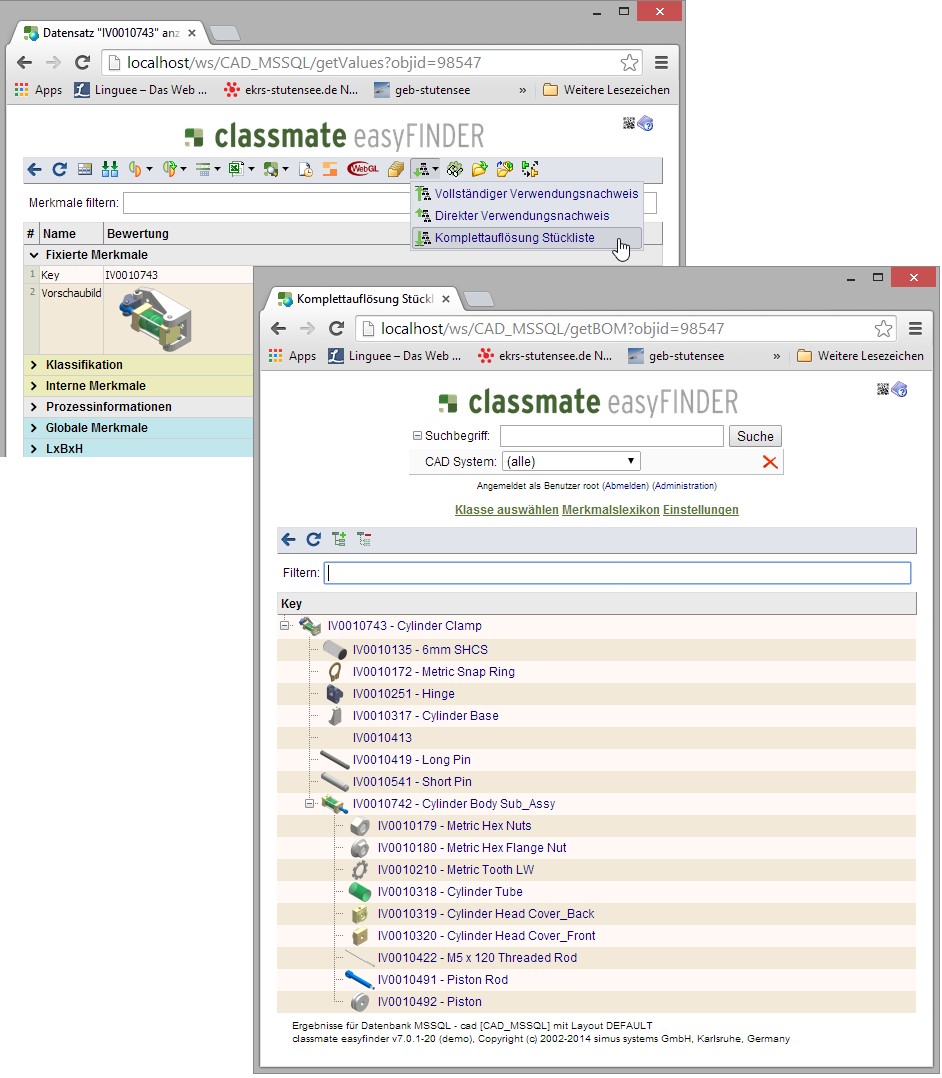 Stücklistenauflösung im classmate easyFINDER