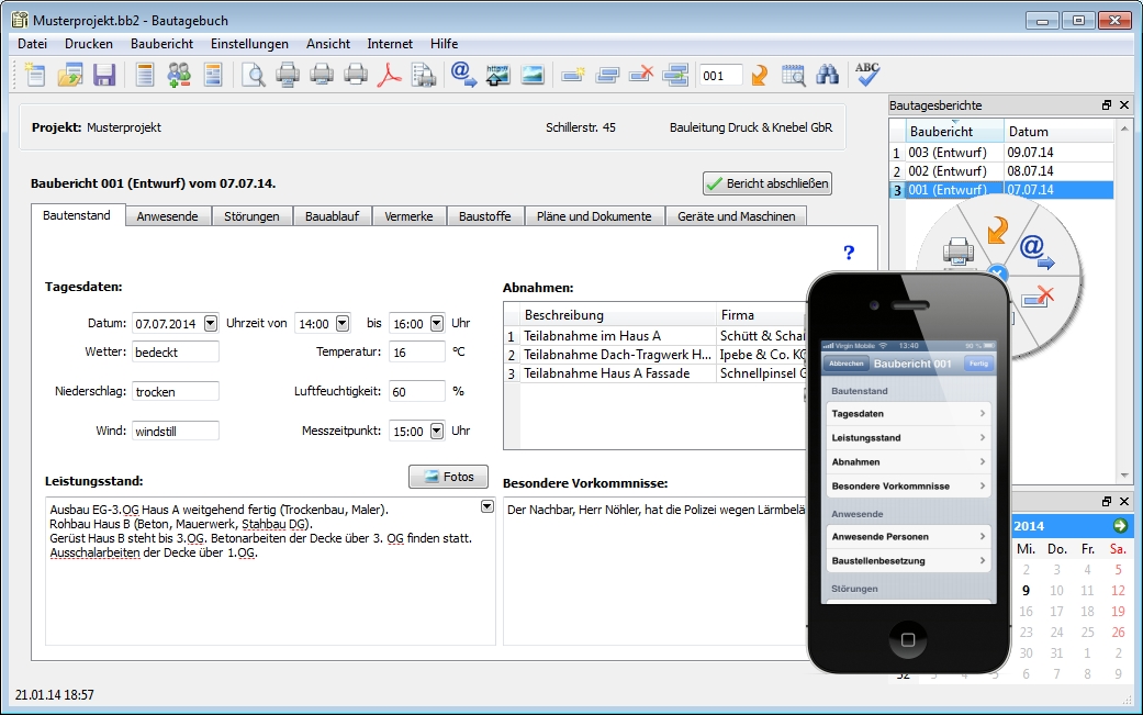 Screen Bauskript Bautagebuch für Windows + Mac mit App für iPhone