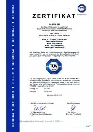 ZAPF GmbH erhält Zertifikat des TÜV SÜD?Freiwillige Systemprüfung/ Standard Fertiggaragen?