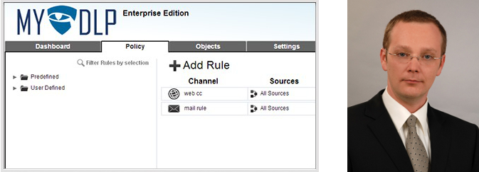 Übersichtliches Webinterface von MyDLP und C. Nowitzki,Geschäftsführer Intellicomp Gm Übersichtliches Webinterface von MyDLP und C. Nowitzki,Geschäftsführer Intellicomp Gm
