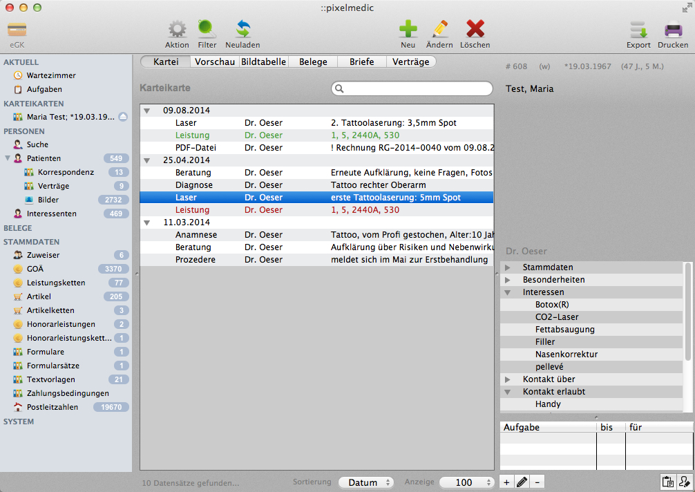 ::pixelmedic für MAC OS X - Beispiel Karteikarte