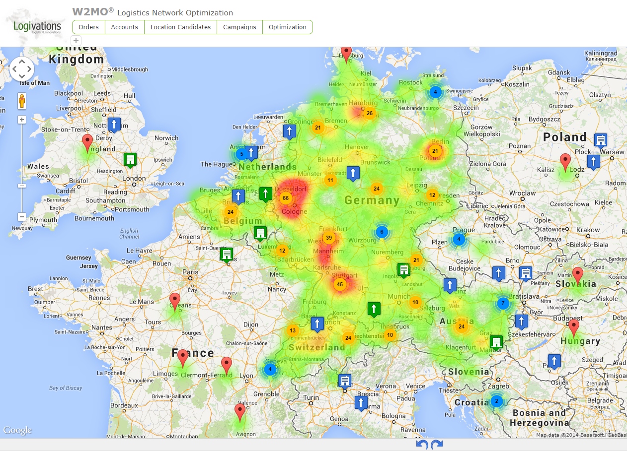 W2MO Logistics Network Optimization: Nutzung von?Heatmaps?(Verteilung u. Konzentration der Kunden)