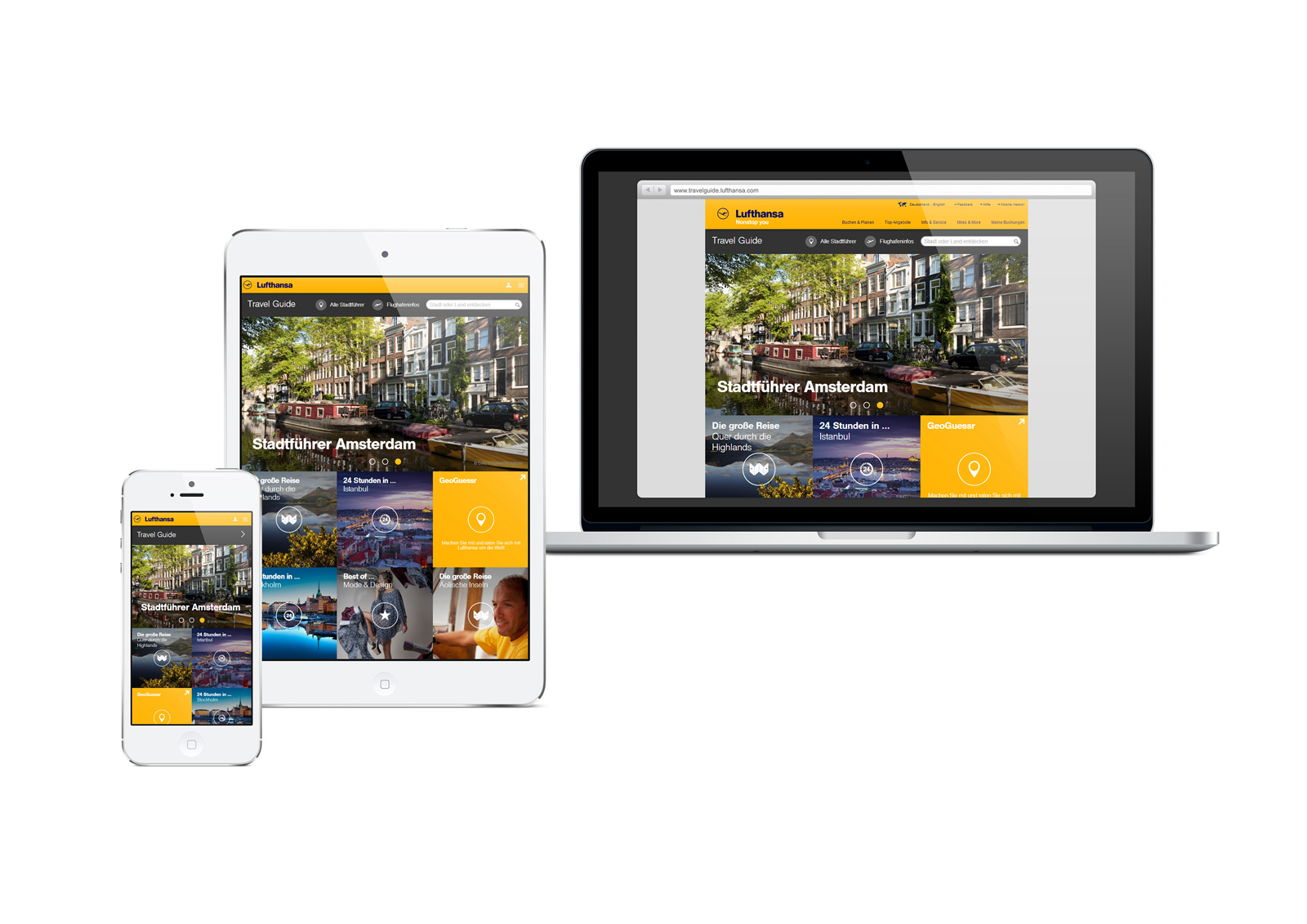 Lufthansa Travel Guide präsentiert Reiseinformationen auf allen Endgeräten. Lufthansa Travel Guide präsentiert Reiseinformationen auf allen Endgeräten.