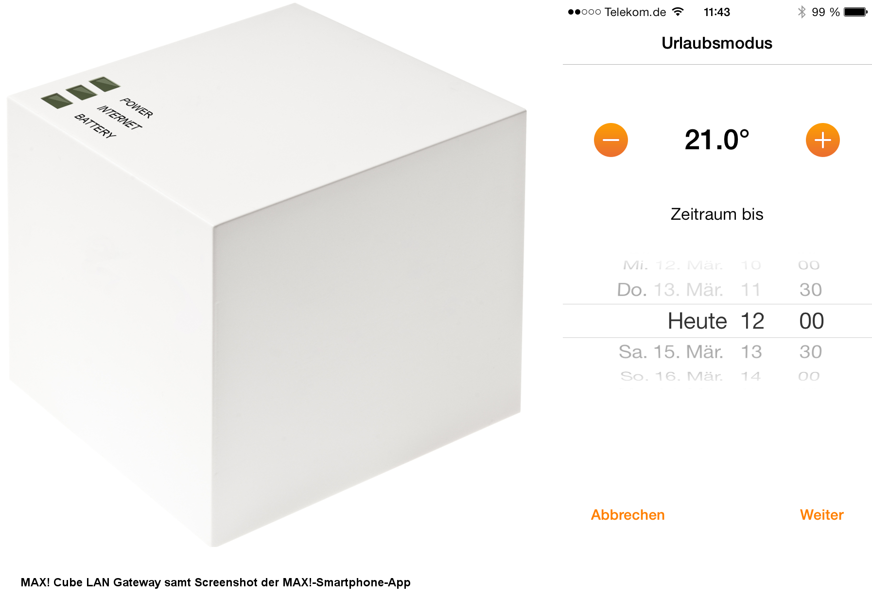 MAX! Cube LAN Gateway samt Screenshot der MAX!-Smartphone-App MAX! Cube LAN Gateway samt Screenshot der MAX!-Smartphone-App