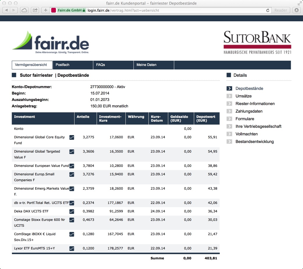 Depotbestände eines fairriester-Sparers Depotbestände eines fairriester-Sparers