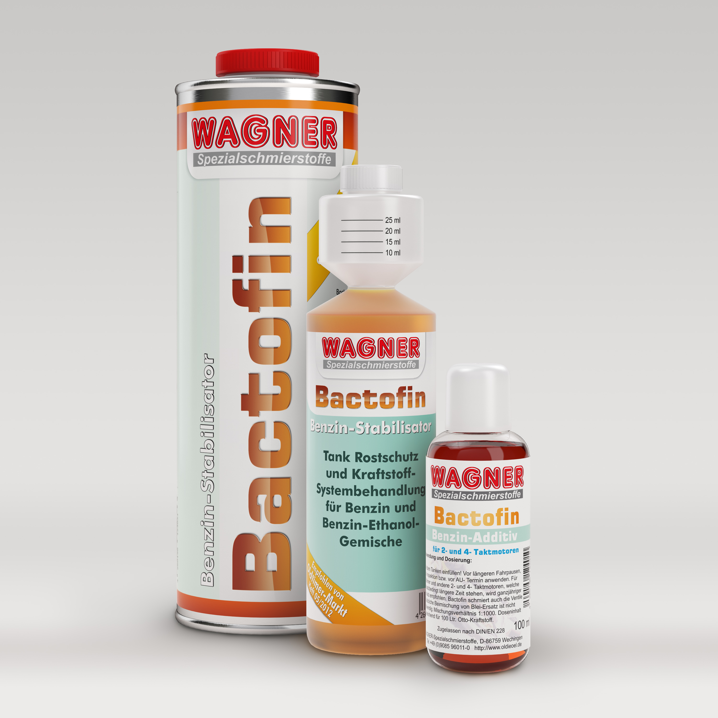WAGNER Bactofin 100 ml Dosierfläschchen, 250 ml Dosierflasche und 1 Liter Blechdose mit Dosierdeckel WAGNER Bactofin 100 ml Dosierfläschchen, 250 ml Dosierflasche und 1 Liter Blechdose mit Dosierdeckel