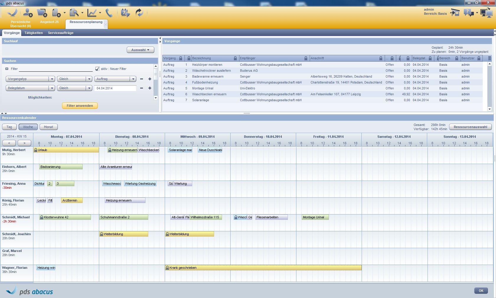 NEU in pds abacus: Ressourcenplanung (Screenshot)