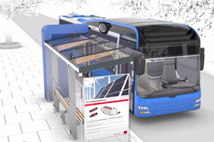 Nur für Sekunden tankt der E-Bus automatisch Strom an der Haltestelle.